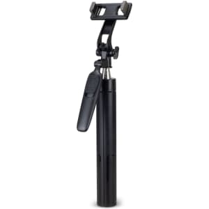 A black selfie stick tripod with a phone holder and adjustable settings for different angles.