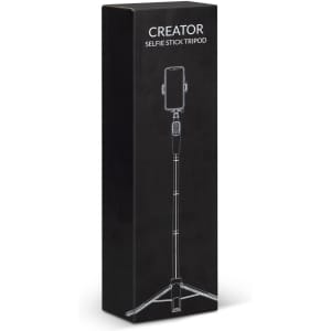 A black packaging box featuring a simple illustration of a selfie stick tripod for smartphones.
