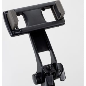 A black selfie stick tripod with adjustable grips for holding a phone securely. It features a sturdy construction and a mounting screw.