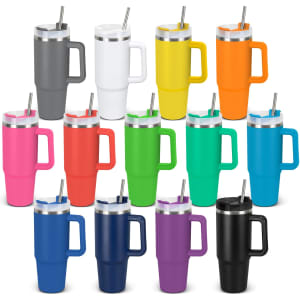 A drink bottle collection featuring various colours including grey, white, yellow, orange, pink, red, teal, green, purple, and black, with metallic details and straws.
