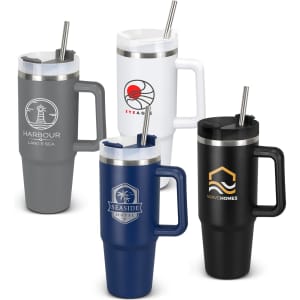 A drink bottle collection featuring grey, white, navy blue, and black vacuum cups with logos and reusable straws.