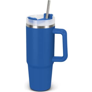 A drink bottle in blue with a stainless steel lid, a handle, and a straw, featuring a logo.