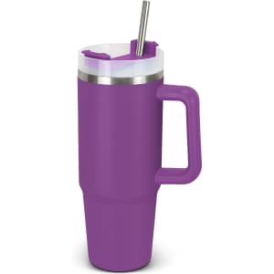 A drink bottle in purple with a handle, stainless steel trim, and a straw. It features a logo on the side.