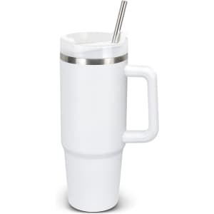 A drink bottle in white with a stainless steel straw and handle, featuring a sleek design.