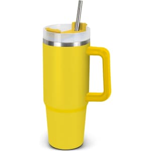 A drink bottle in bright yellow with a stainless steel accent, a large handle, and a straw. It features a logo.