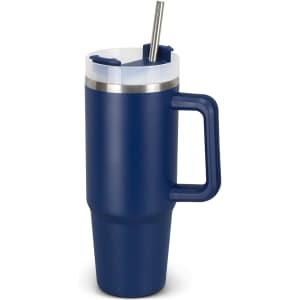 A drink bottle in navy blue with a clear lid, a metal straw, and a sturdy handle. It features a logo.
