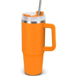 An orange drink bottle with a stainless steel lid and a straw, featuring a handle and a logo.