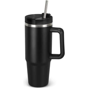 A drink bottle in matte black with a silver band, featuring a straw and a handle for easy grip.