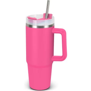 A drink bottle in vibrant pink with a stainless steel lid and a handle, featuring a straw.