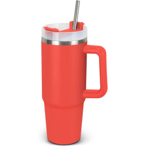 A drink bottle in vibrant red with a stainless steel rim, a handle, and a straw. It has a logo on the side.