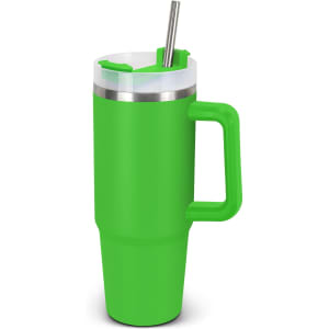 A drink bottle with a vibrant green exterior, a stainless steel lid, and a straw, featuring a sturdy handle.