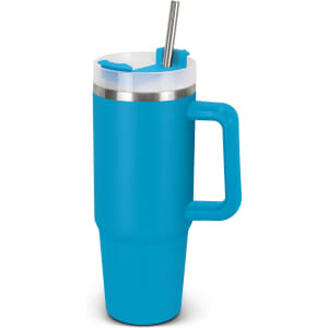A drink bottle with a bright blue exterior, stainless steel rim, handle, and a straw for easy sipping.