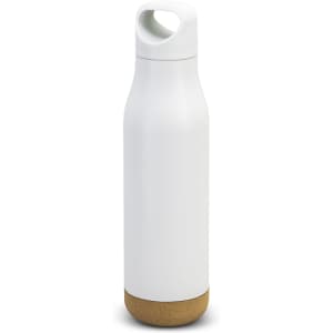 A drink bottle in white with a cork base, featuring a modern design and a handle for easy carrying.