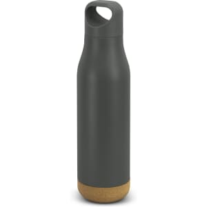 A drink bottle in a matte dark green finish with a cork base and a carry handle. It features a logo.