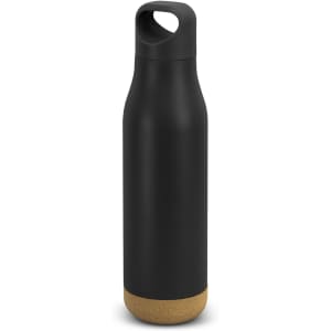 A drink bottle in matte black with a cork bottom and a handle on the lid, featuring a logo.