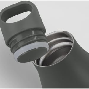 A drink bottle in a dark green colour with a silver interior and a removable lid featuring a handle.