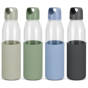 A drink bottle collection featuring four glass bottles with coloured silicone sleeves in light green, dark green, blue, and black.