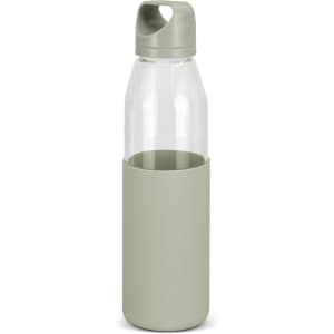 A drink bottle featuring a clear glass body and a soft green silicone sleeve. It includes a flip-top lid and has branding.