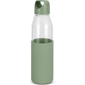 A drink bottle with a clear glass body and a matte green silicone sleeve. It features a green lid and has a logo.