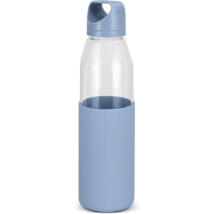 A drink bottle featuring a clear glass body with a light blue silicone sleeve and cap. It has a logo visible.