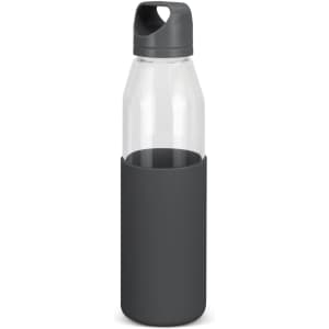 A drink bottle with a clear glass body and a dark grey silicone sleeve, featuring a wide mouth and a handle.