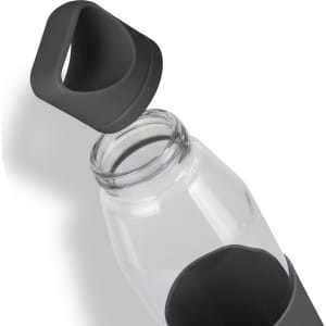 A drink bottle in clear glass with a black silicone sleeve and cap, featuring a logo on the side.