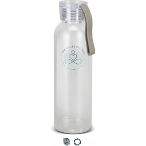 A drink bottle made of clear plastic with a grey handle and a logo on the front.