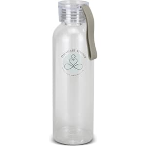 A drink bottle with a clear body, grey lid, and a handle, featuring a circular logo on the front.