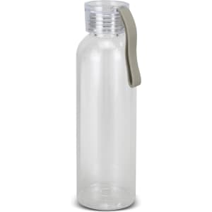A drink bottle in clear plastic with a grey handle, featuring a screw-on lid and an attached strap.