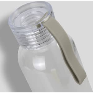 A drink bottle with a transparent body and a grey silicone strap, featuring a fitted lid and an internal drinking spout.