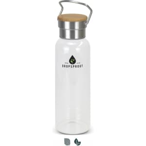 A drink bottle made of clear glass with a stainless steel and wooden lid, featuring a small logo.