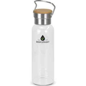A drink bottle made of clear glass with a stainless steel lid and a wooden top, featuring a logo.
