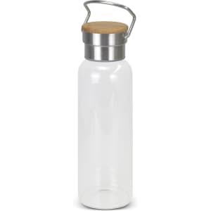 A drink bottle made of clear glass with a metal cap and a light wooden lid. It features a handle.