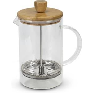 A coffee plunger with a clear glass body, metal filter, and a wooden lid. Ideal for brewing beverages.