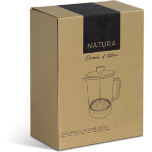 A brown cardboard box containing the NATURA Azzurra Coffee Plunger, featuring a simple illustration and a logo.