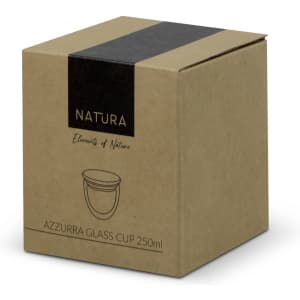 A drink bottle in a brown cardboard box with black detailing, featuring the NATURA logo.