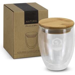 A drink cup featuring a clear glass body with a bamboo lid, packaged in a eco-friendly box.