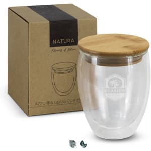 A drink bottle with a transparent glass body and a bamboo lid, packaged in a cardboard box.