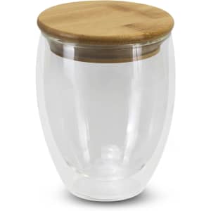 A drink bottle featuring a clear glass body with a bamboo lid, suitable for various beverages.