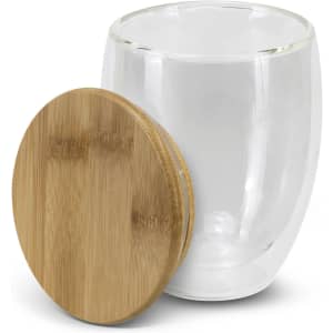 A drink cup with a clear glass body and a bamboo lid, designed for coffee or other beverages.