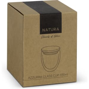 A boxed NATURA Azzurra Glass Cup in a natural brown cardboard package, featuring a simple design and a logo.