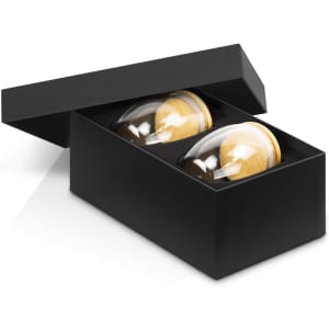 A drinkware set featuring two 250ml glass mugs with wooden bases, presented in a black gift box.