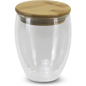 A drink bottle with a clear glass body and a bamboo lid, designed for reusable coffee or beverages.