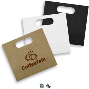 Three medium die-cut paper bags in brown, white, and black, each with a handle and a logo on the front.