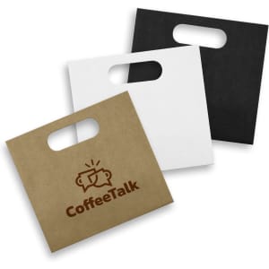 A paper bag in three colours: brown, white, and black, featuring a logo on the brown bag.