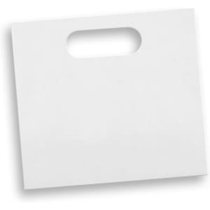 A medium die cut paper bag in white with a handle, featuring a smooth surface and rectangular shape.
