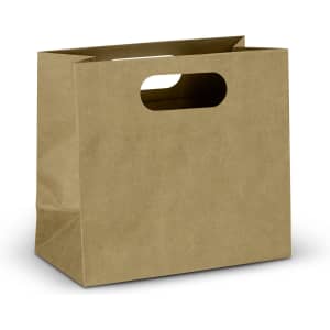 A medium, landscape-shaped die-cut paper bag in a natural brown colour, featuring cut-out handles.