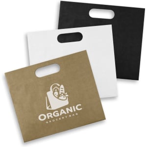 A set of large die cut paper bags in black, white, and brown, featuring a logo on the front of each bag.