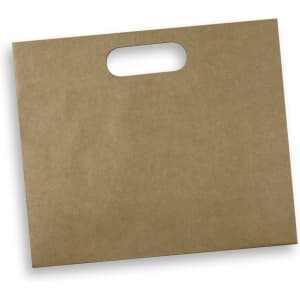 A large, brown die cut paper bag with a handle, featuring a simple, unlabelled design.