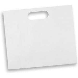 A large white die cut paper bag with a handle. It features a plain design and no visible branding.